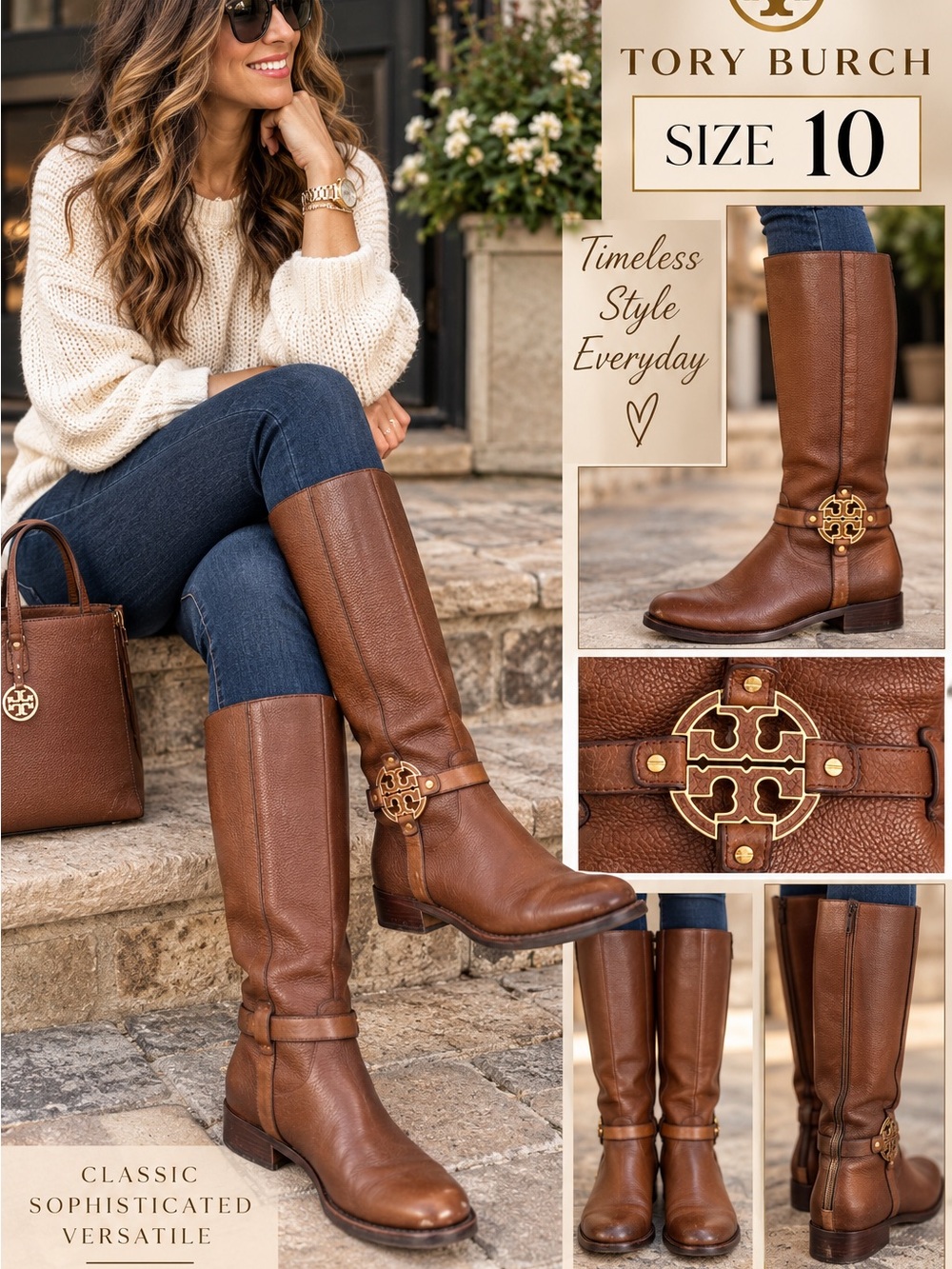 Tory Burch Brown Leather Tall Riding Boots with Gold Logo Accent